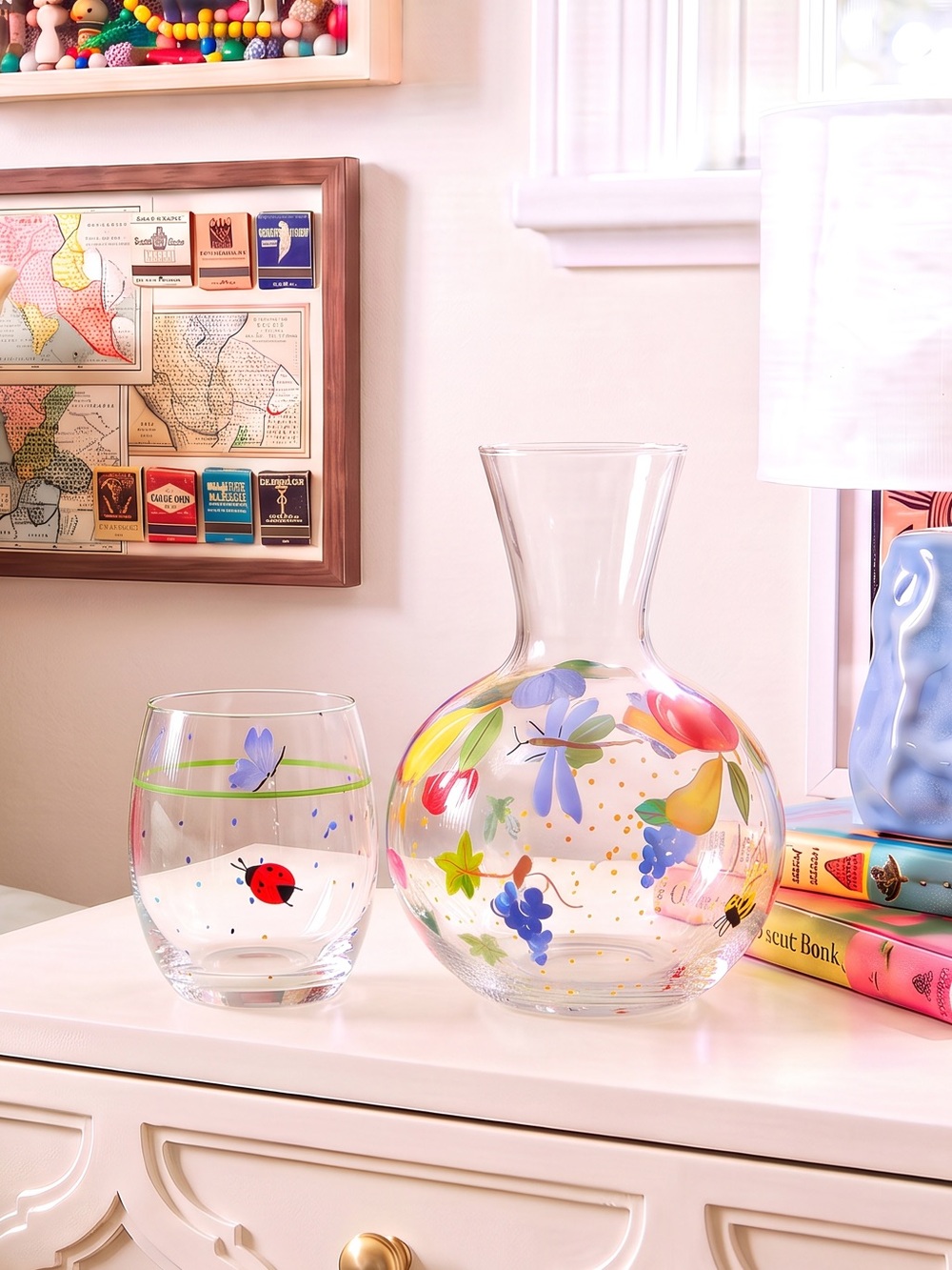 Royal Danube hand painted crystal tumble up bedside water carafe set Dopamine